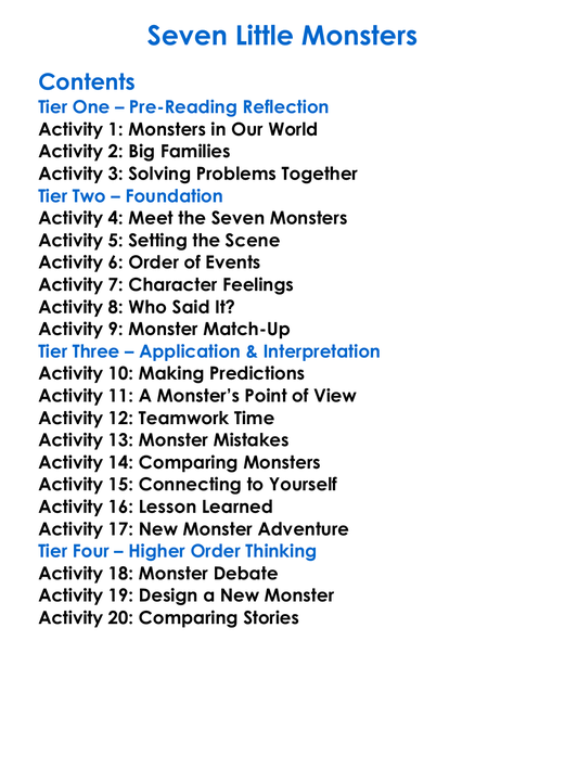 Seven Little Monsters Worksheet Activity Booklet