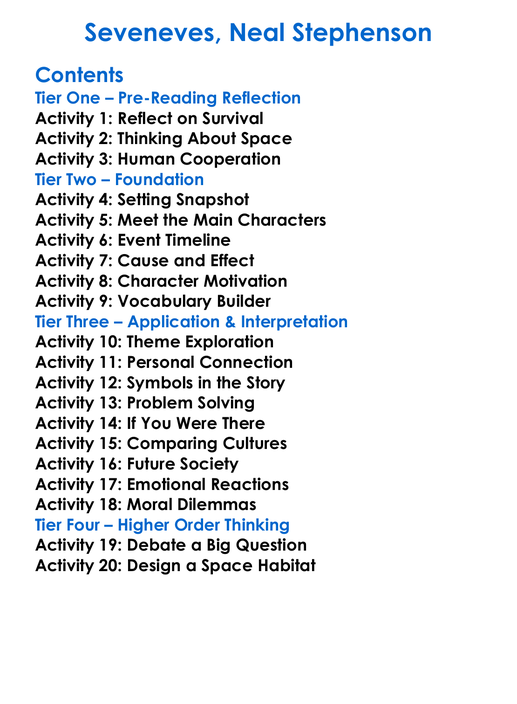 Seveneves Neal Stephenson Worksheet Activity Booklet