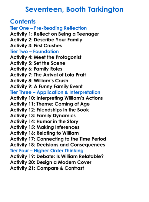 Seventeen Booth Tarkington Worksheet Activity Booklet