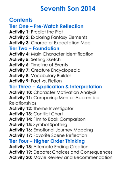 Seventh Son 2014 Worksheet Activity Booklet