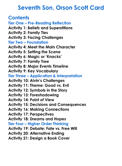 Seventh Son Orson Scott Card Worksheet Activity Booklet