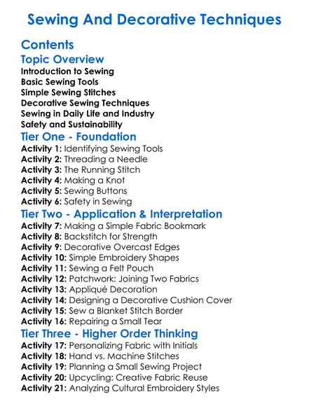 Sewing And Decorative Techniques Worksheet Activity Booklet