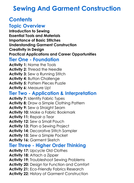 Sewing And Garment Construction Worksheet Activity Booklet