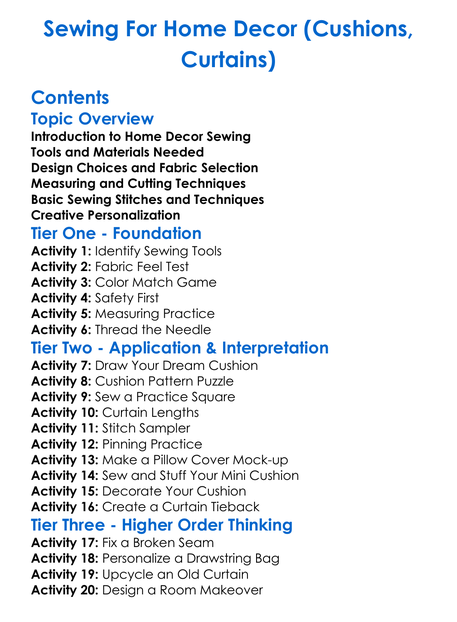 Sewing For Home Decor Cushions Curtains Worksheet Activity Booklet
