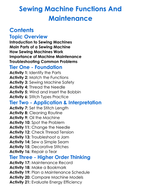 Sewing Machine Functions And Maintenance Worksheet Activity Booklet