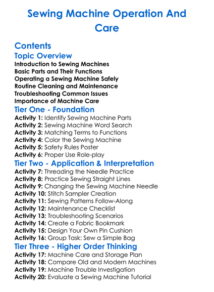 Sewing Machine Operation And Care Worksheet Activity Booklet