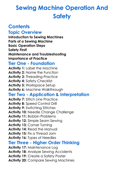 Sewing Machine Operation And Safety Worksheet Activity Booklet