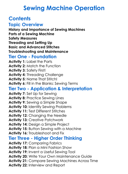 Sewing Machine Operation Worksheet Activity Booklet