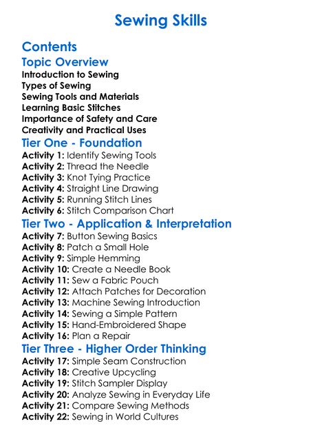Sewing Skills Worksheet Activity Booklet
