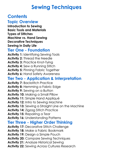 Sewing Techniques Worksheet Activity Booklet