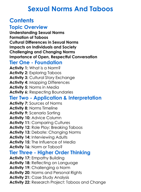 Sexual Norms And Taboos Worksheet Activity Booklet