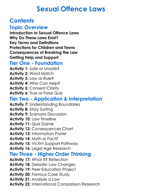 Sexual Offence Laws Worksheet Activity Booklet
