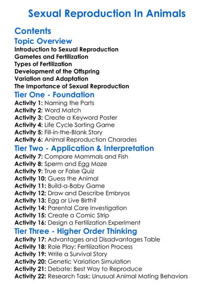 Sexual Reproduction In Animals Worksheet Activity Booklet