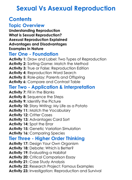 Sexual Vs Asexual Reproduction Worksheet Activity Booklet
