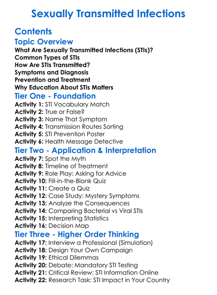 Sexually Transmitted Infections Worksheet Activity Booklet