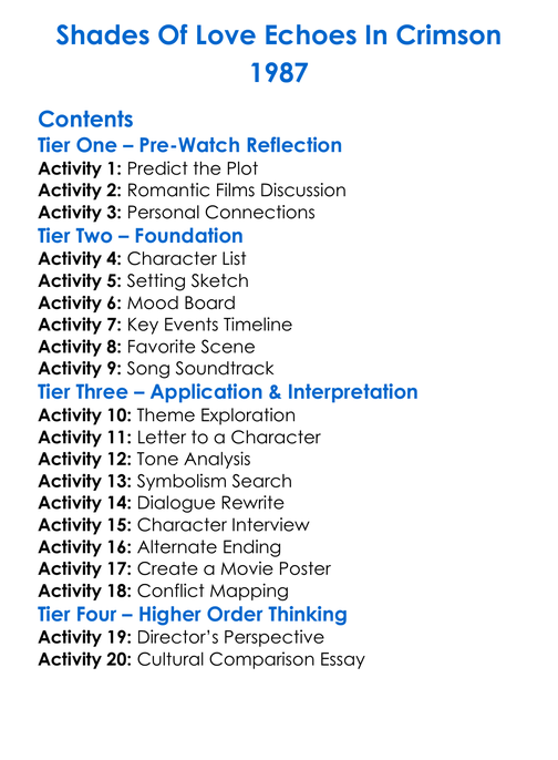 Shades Of Love Echoes In Crimson 1987 Worksheet Activity Booklet
