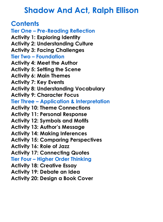 Shadow And Act Ralph Ellison Worksheet Activity Booklet