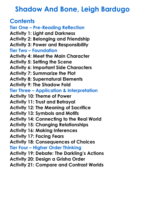 Shadow And Bone Leigh Bardugo Worksheet Activity Booklet