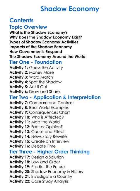 Shadow Economy Worksheet Activity Booklet