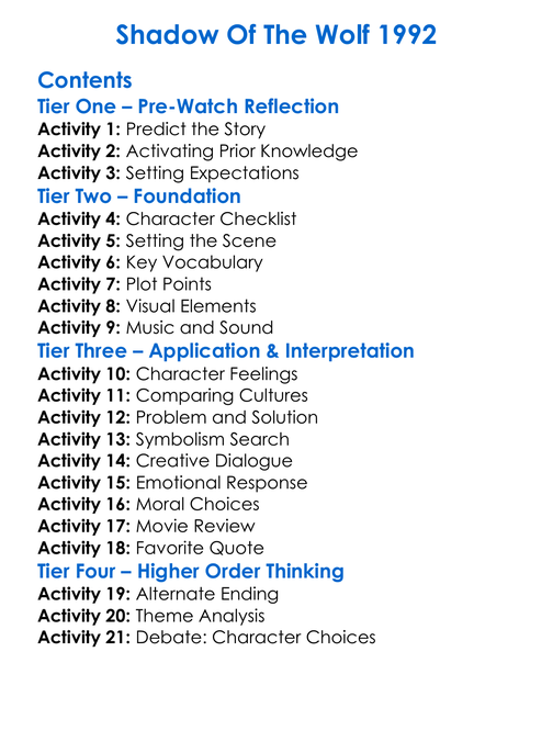 Shadow Of The Wolf 1992 Worksheet Activity Booklet