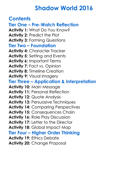 Shadow World 2016 Worksheet Activity Booklet