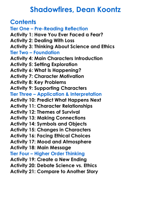 Shadowfires Dean Koontz Worksheet Activity Booklet