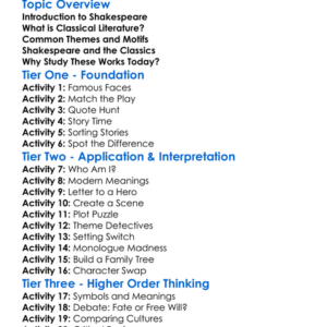 Shakespeare And Classical Literature Worksheet Activity Booklet