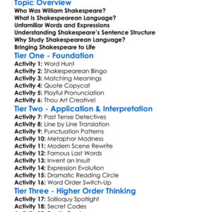 Shakespearean Language Worksheet Activity Booklet