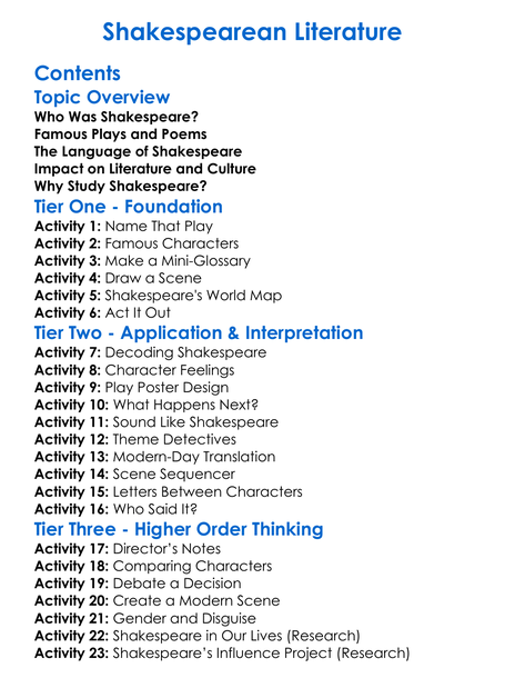Shakespearean Literature Worksheet Activity Booklet