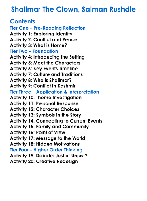 Shalimar The Clown Salman Rushdie Worksheet Activity Booklet