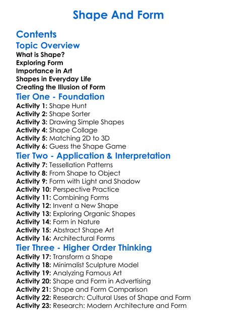 Shape And Form Worksheet Activity Booklet