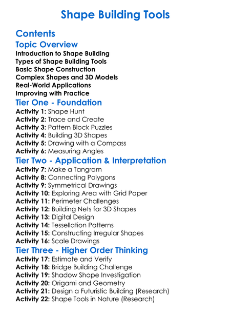 Shape Building Tools Worksheet Activity Booklet