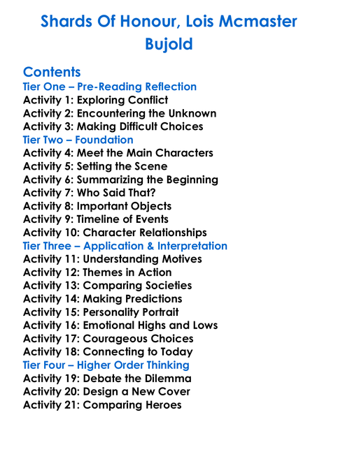 Shards Of Honour Lois Mcmaster Bujold Worksheet Activity Booklet