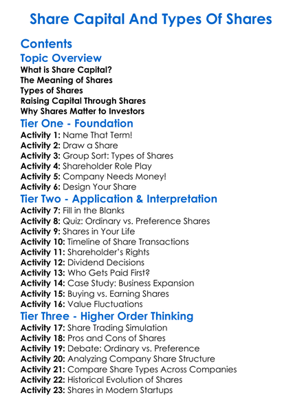 Share Capital And Types Of Shares Worksheet Activity Booklet