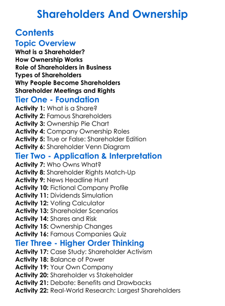 Shareholders And Ownership Worksheet Activity Booklet