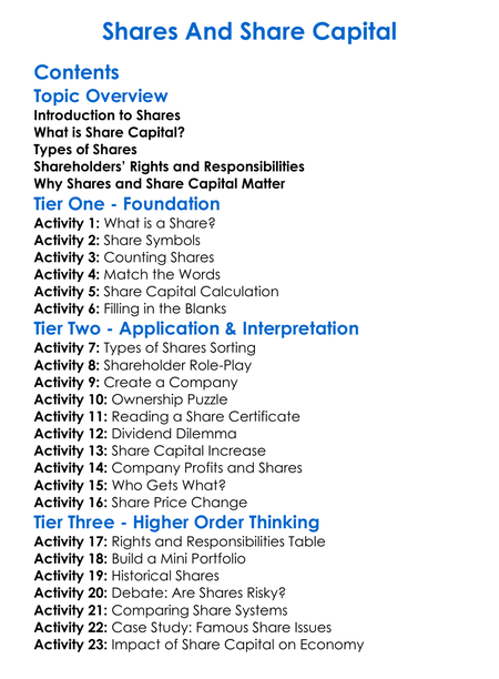 Shares And Share Capital Worksheet Activity Booklet