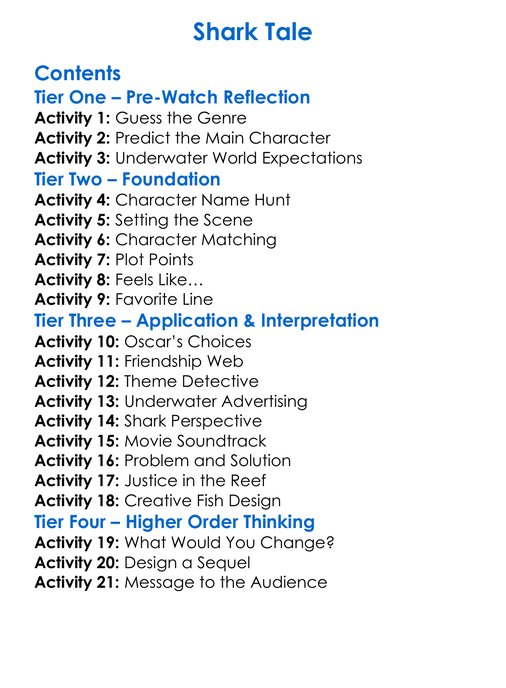 Shark Tale Worksheet Activity Booklet