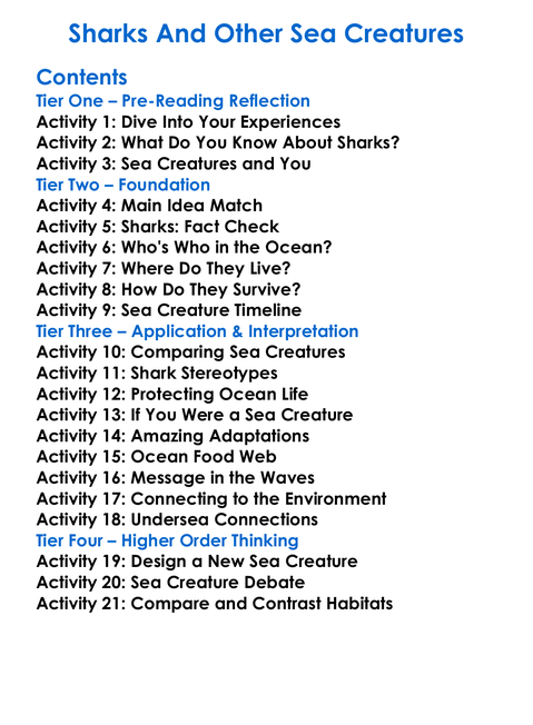 Sharks And Other Sea Creatures Worksheet Activity Booklet