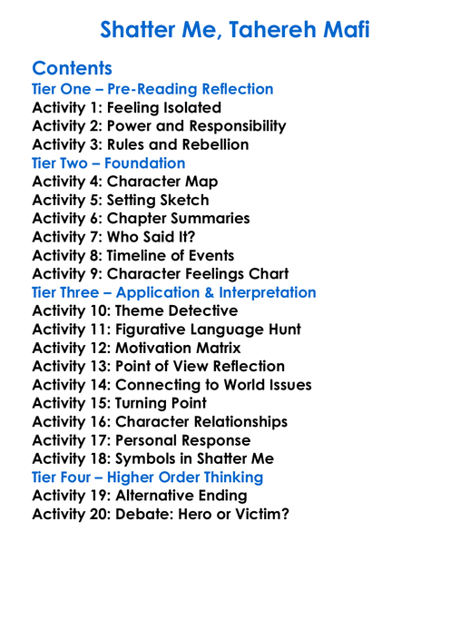 Shatter Me Tahereh Mafi Worksheet Activity Booklet