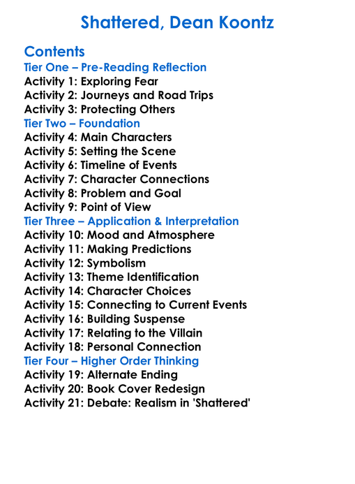 Shattered Dean Koontz Worksheet Activity Booklet