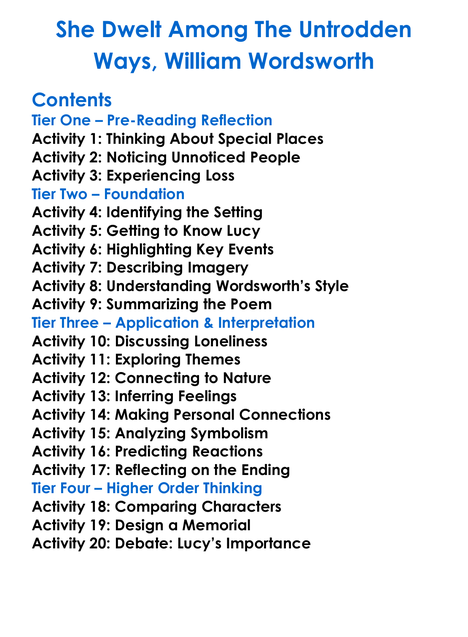 She Dwelt Among The Untrodden Ways William Wordsworth Worksheet Activity Booklet