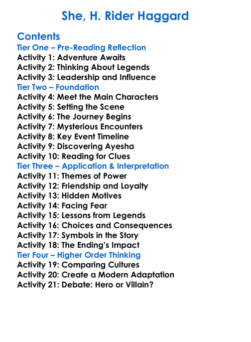 She H Rider Haggard Worksheet Activity Booklet