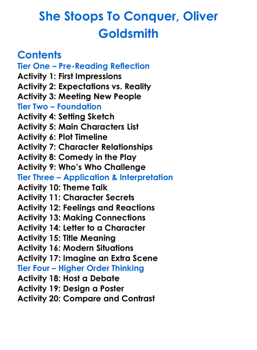 She Stoops To Conquer Oliver Goldsmith Worksheet Activity Booklet