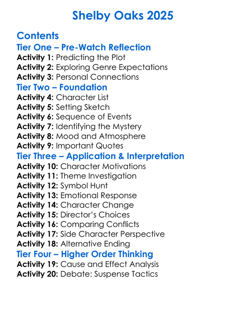 Shelby Oaks 2025 Worksheet Activity Booklet