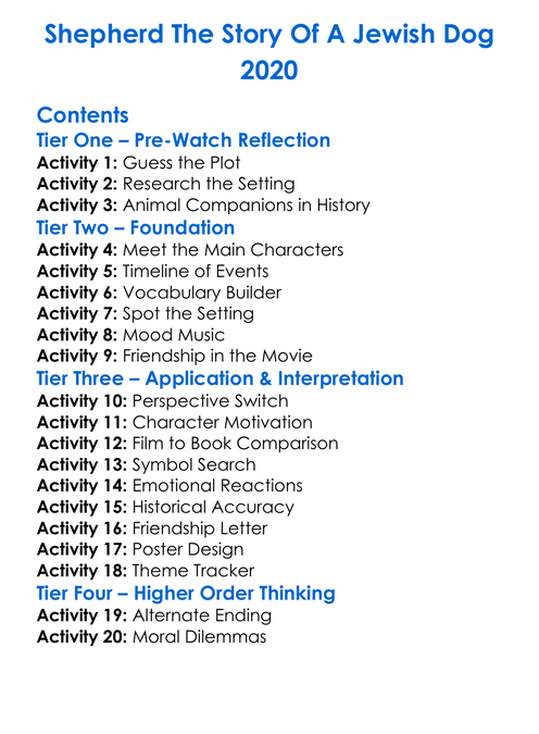 Shepherd The Story Of A Jewish Dog 2020 Worksheet Activity Booklet