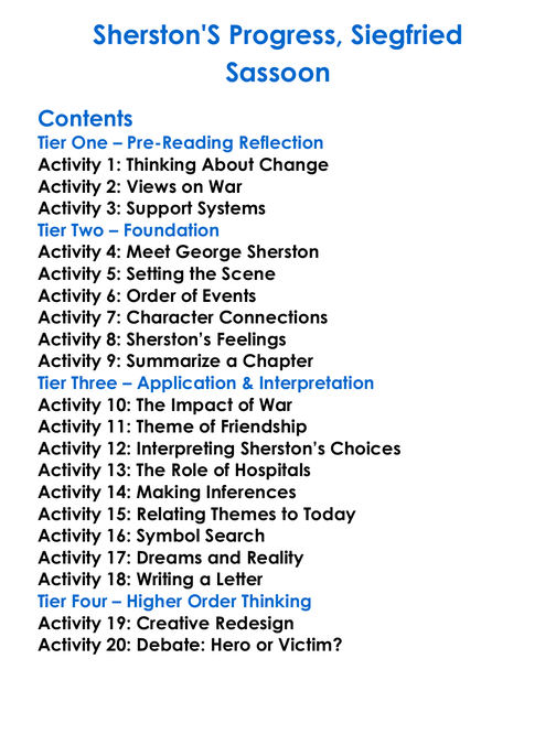 Sherstons Progress Siegfried Sassoon Worksheet Activity Booklet
