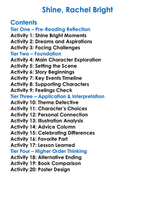 Shine Rachel Bright Worksheet Activity Booklet