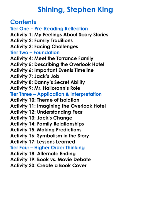 Shining Stephen King Worksheet Activity Booklet