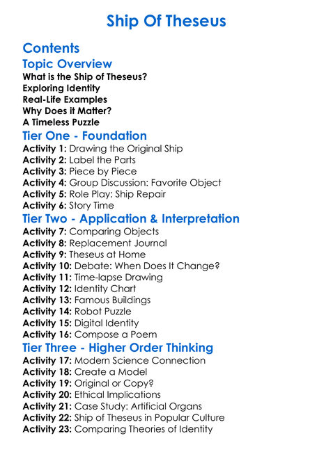 Ship Of Theseus Worksheet Activity Booklet