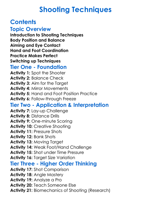 Shooting Techniques Worksheet Activity Booklet